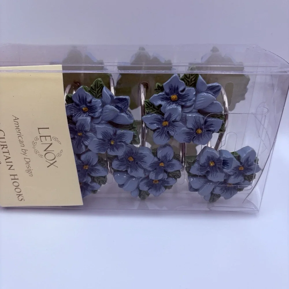 Vintage Set Of 12 Shower Hooks LENOX, Blue Floral Garden Design New
